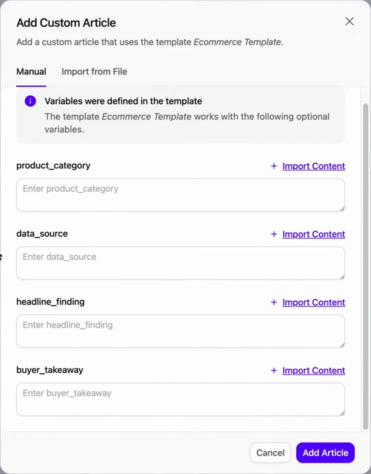 Arvow Add Custom Article modal for an e-commerce template with optional variables product_category, data_source, headline_finding and buyer_takeaway