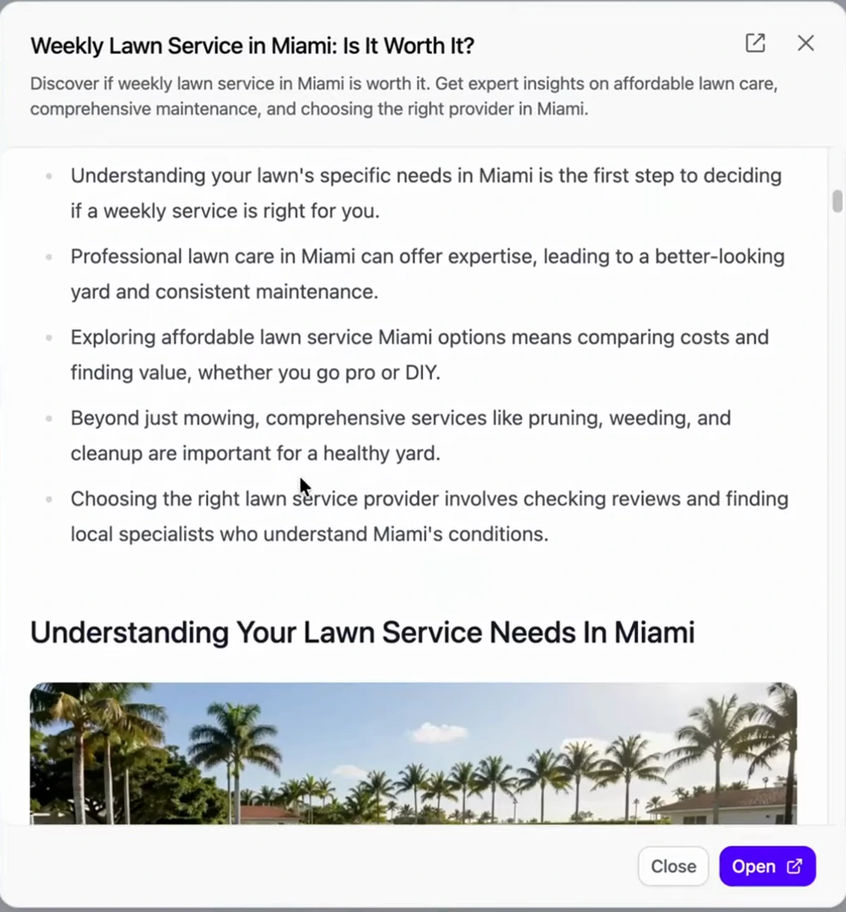 Preview of a generated article titled Weekly Lawn Service in Miami: Is It Worth It, showing five key takeaway bullets, an H2 section and a photographic image