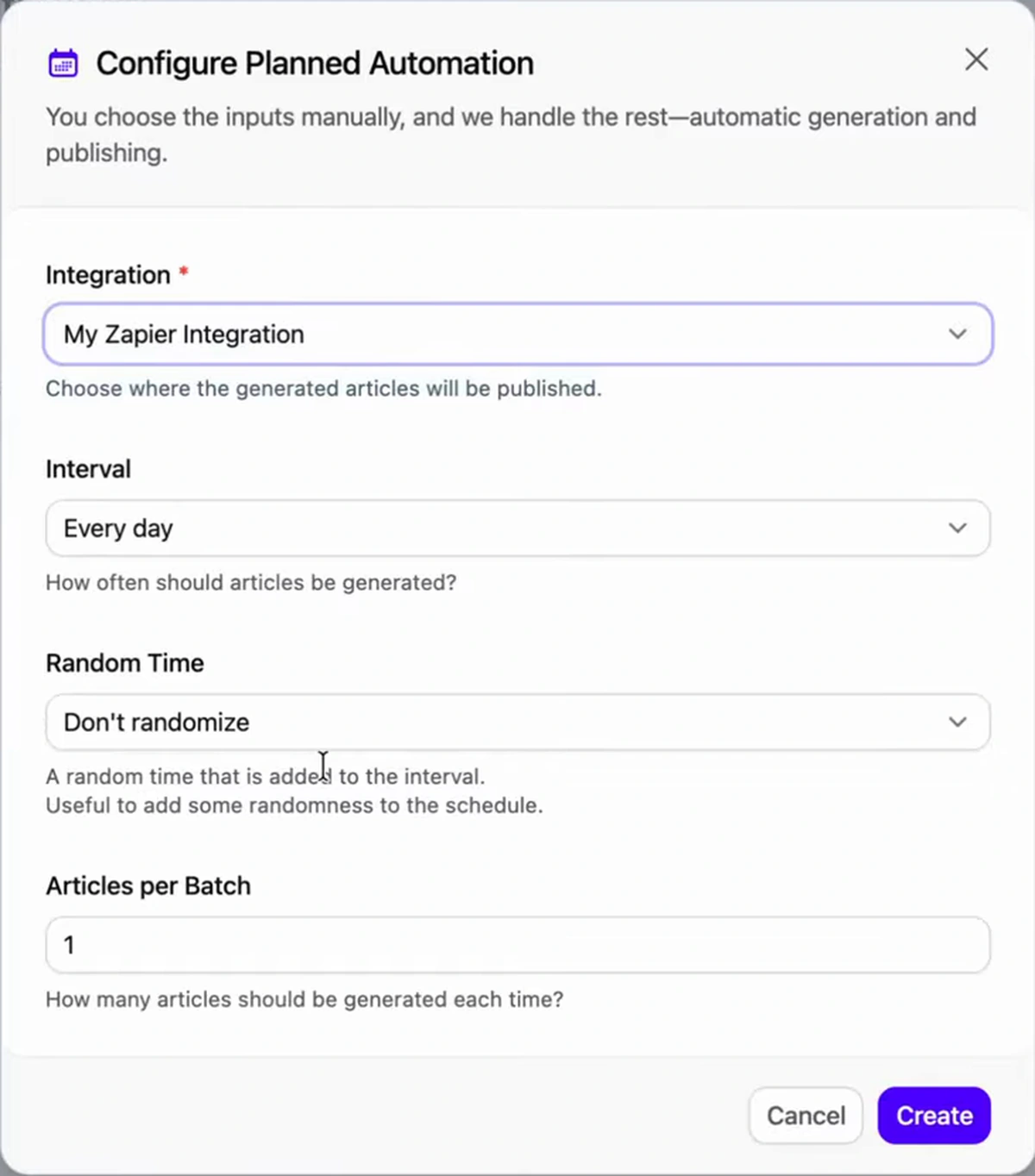 Arvow Configure Planned Automation modal with a Zapier integration selected, interval set to every day, and one article per batch