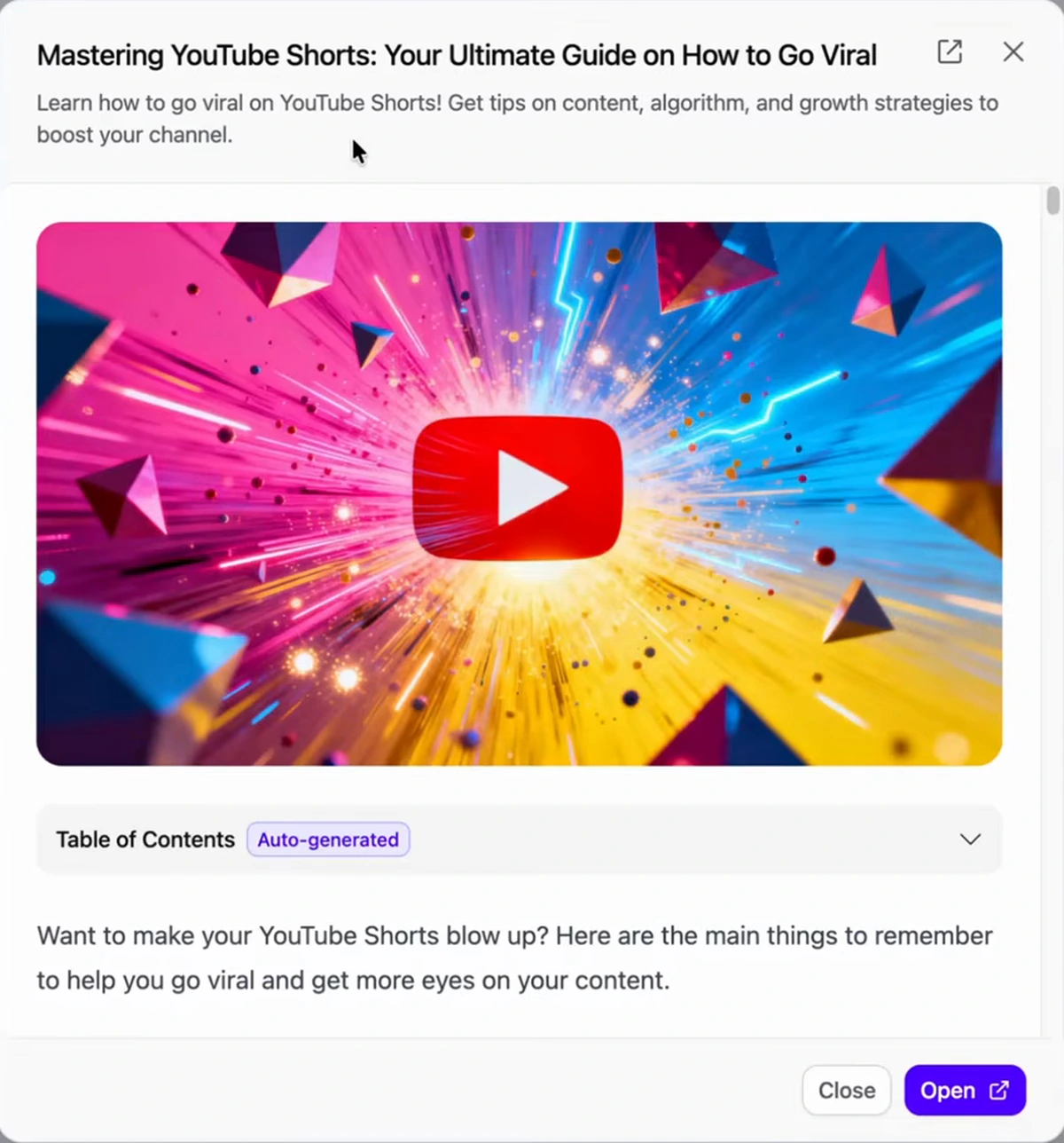 Auto-generated article titled Mastering YouTube Shorts: Your Ultimate Guide on How to Go Viral, with an AI hero image, meta description, and auto-generated table of contents