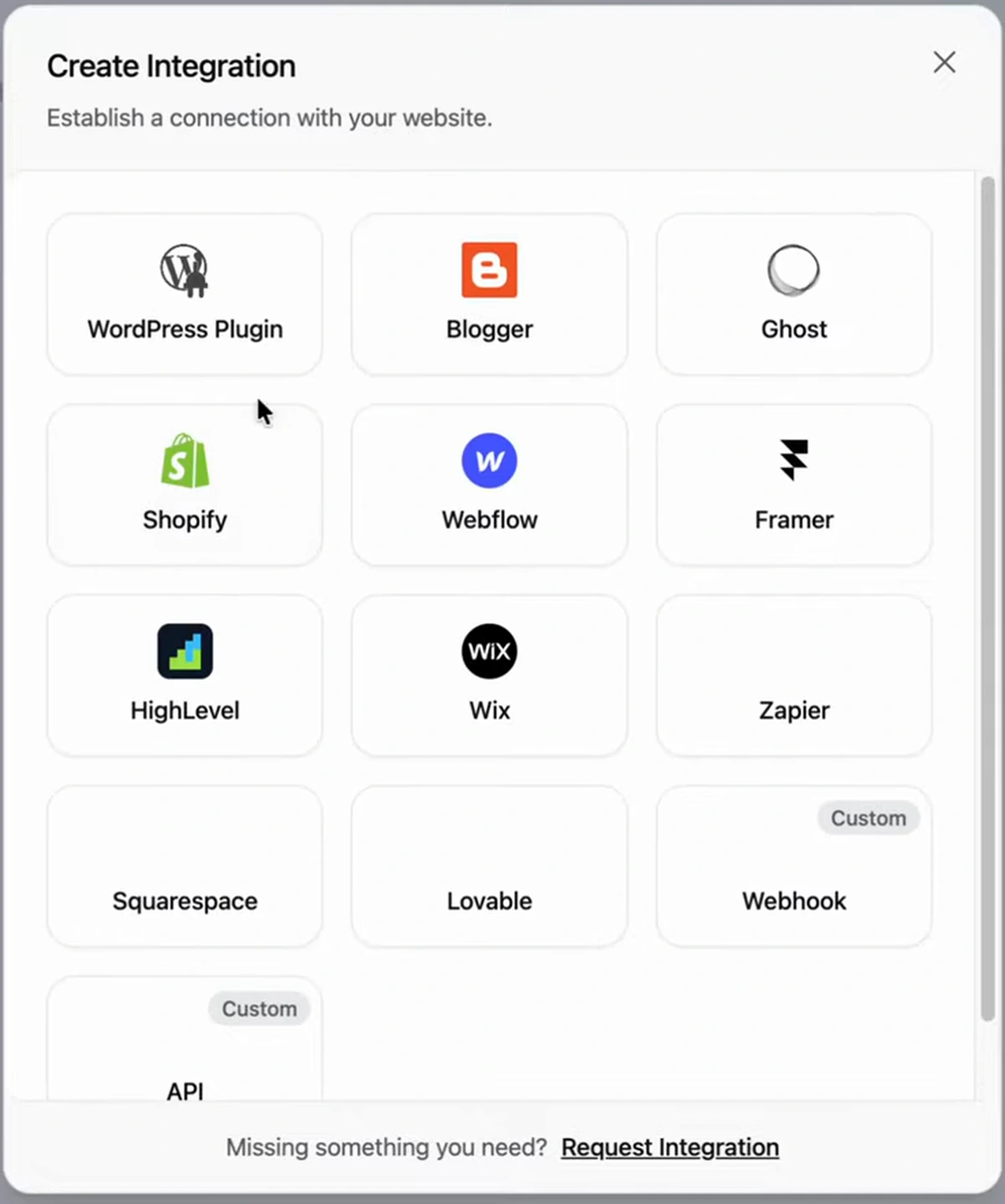 Arvow Create Integration modal listing WordPress, Blogger, Ghost, Shopify, Webflow, Framer, HighLevel, Wix, Zapier, Squarespace, Lovable, webhook and custom API options