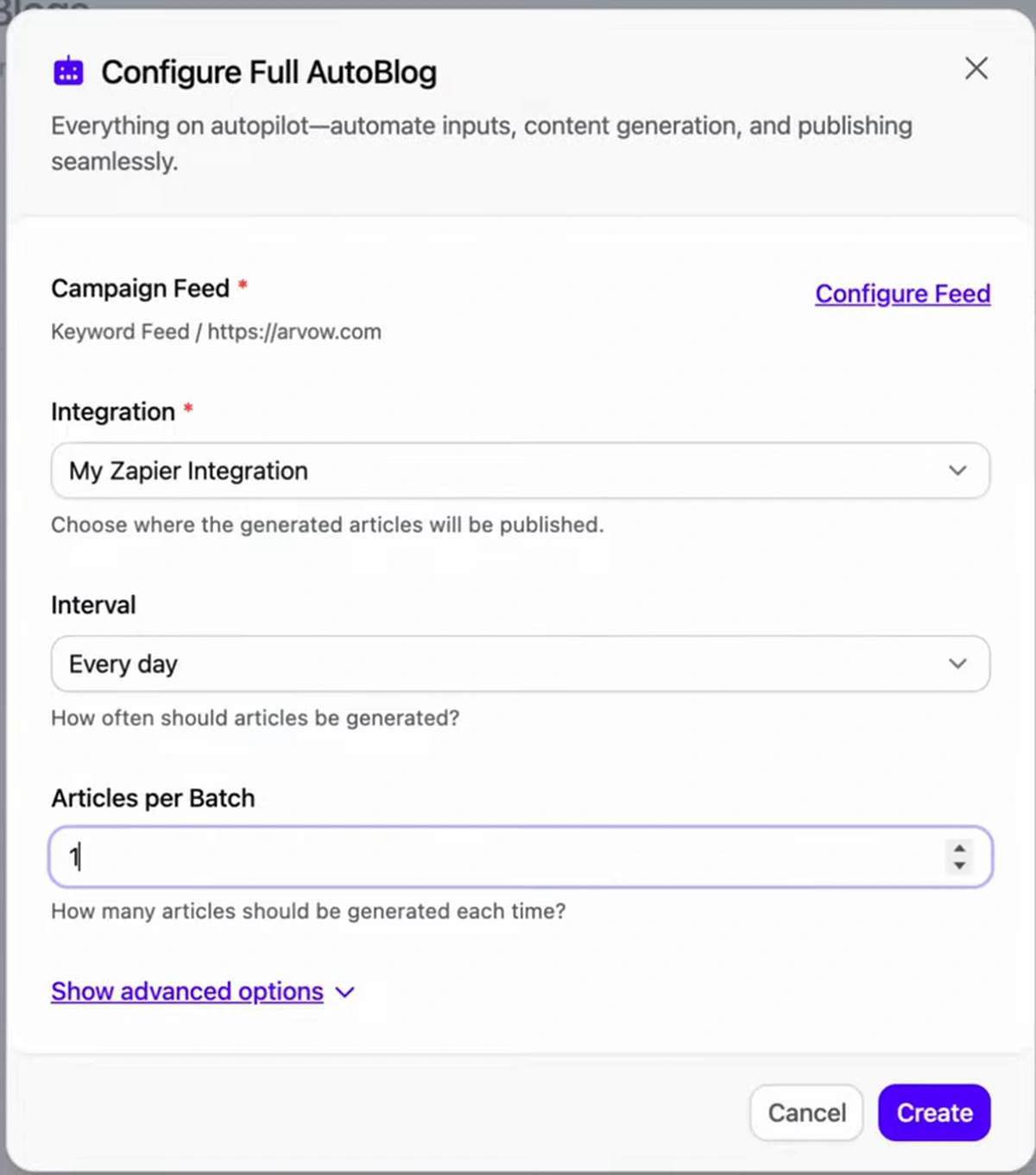 Configure Full AutoBlog modal with a keyword feed, publishing integration, daily interval, and articles per batch setting