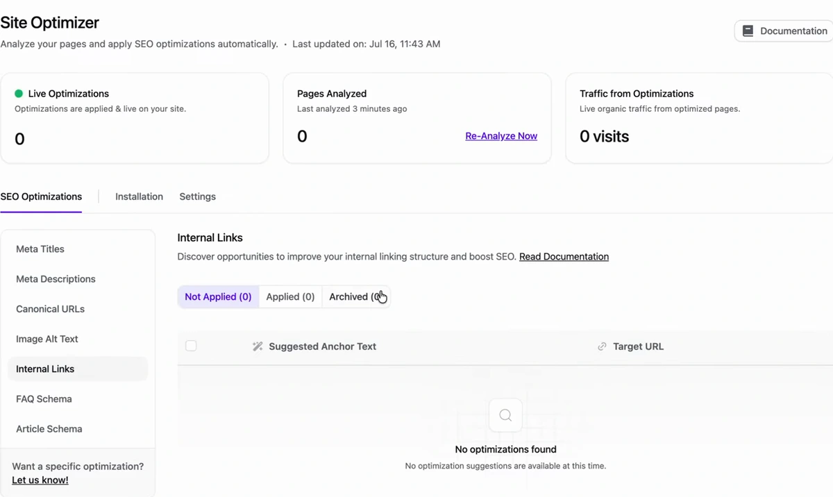 Arvow Site Optimizer showing live optimizations, pages analyzed and traffic from optimizations, with categories for meta titles, meta descriptions, canonical URLs, image alt text, internal links, FAQ schema and article schema