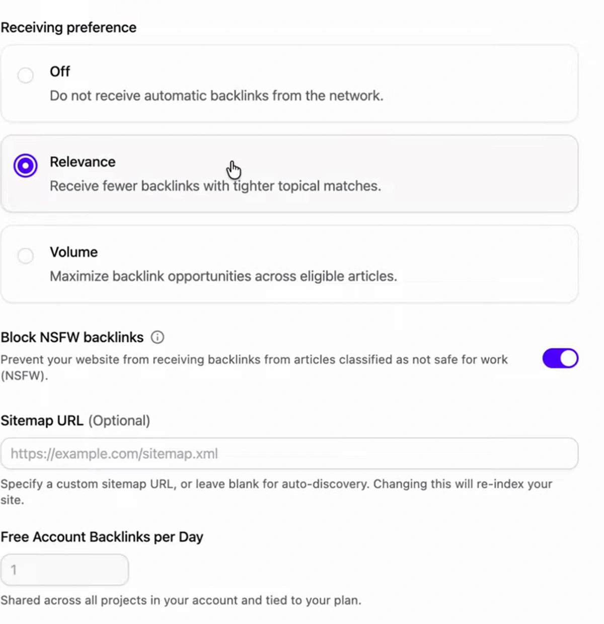 Automatic backlinks receiving preference settings showing Off, Relevance and Volume options, an NSFW block toggle, and one free account backlink per day