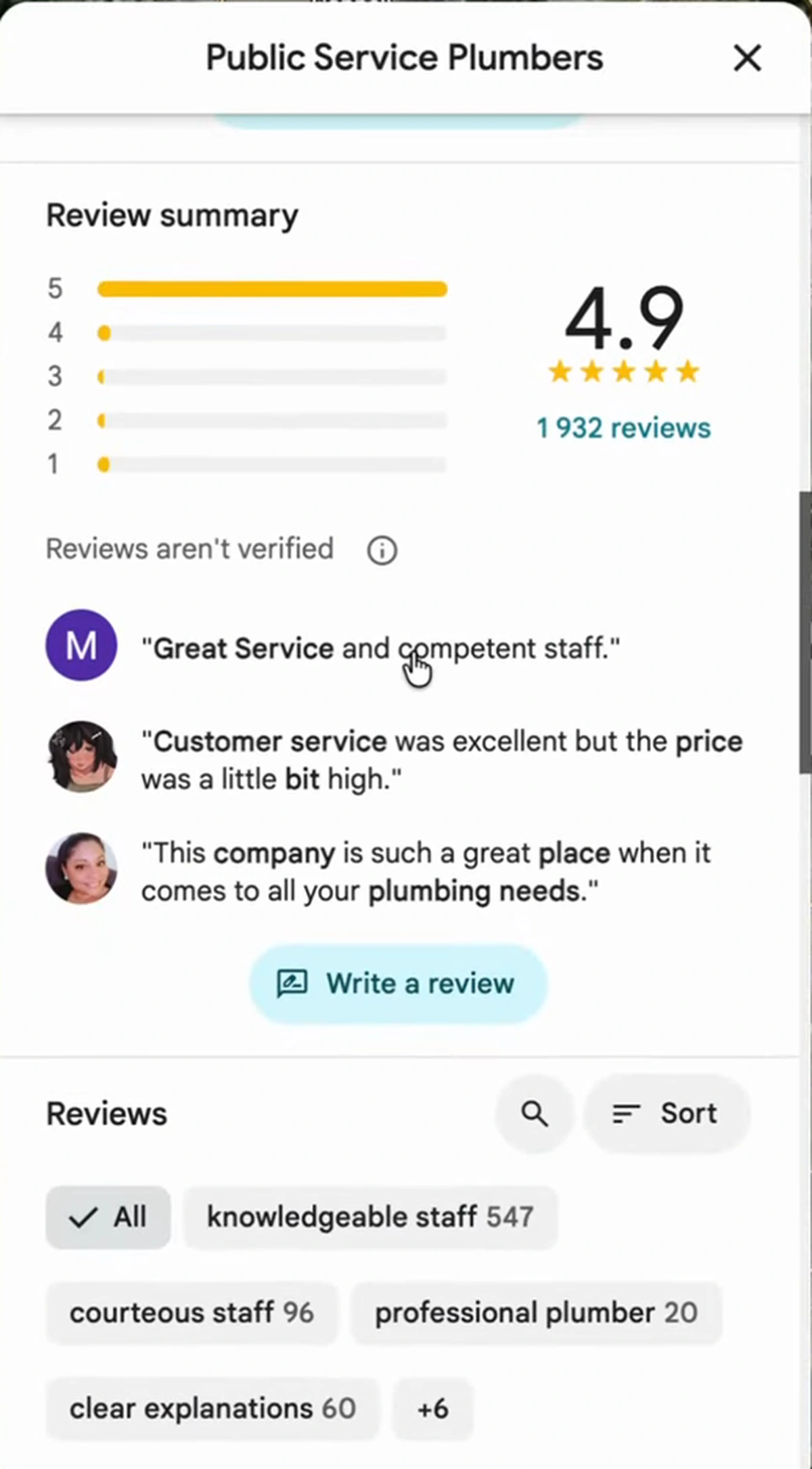 Google Maps review summary for the top-ranked Dallas plumber showing a 4.9 rating, 1,932 reviews, and review keyword filters like knowledgeable staff 547