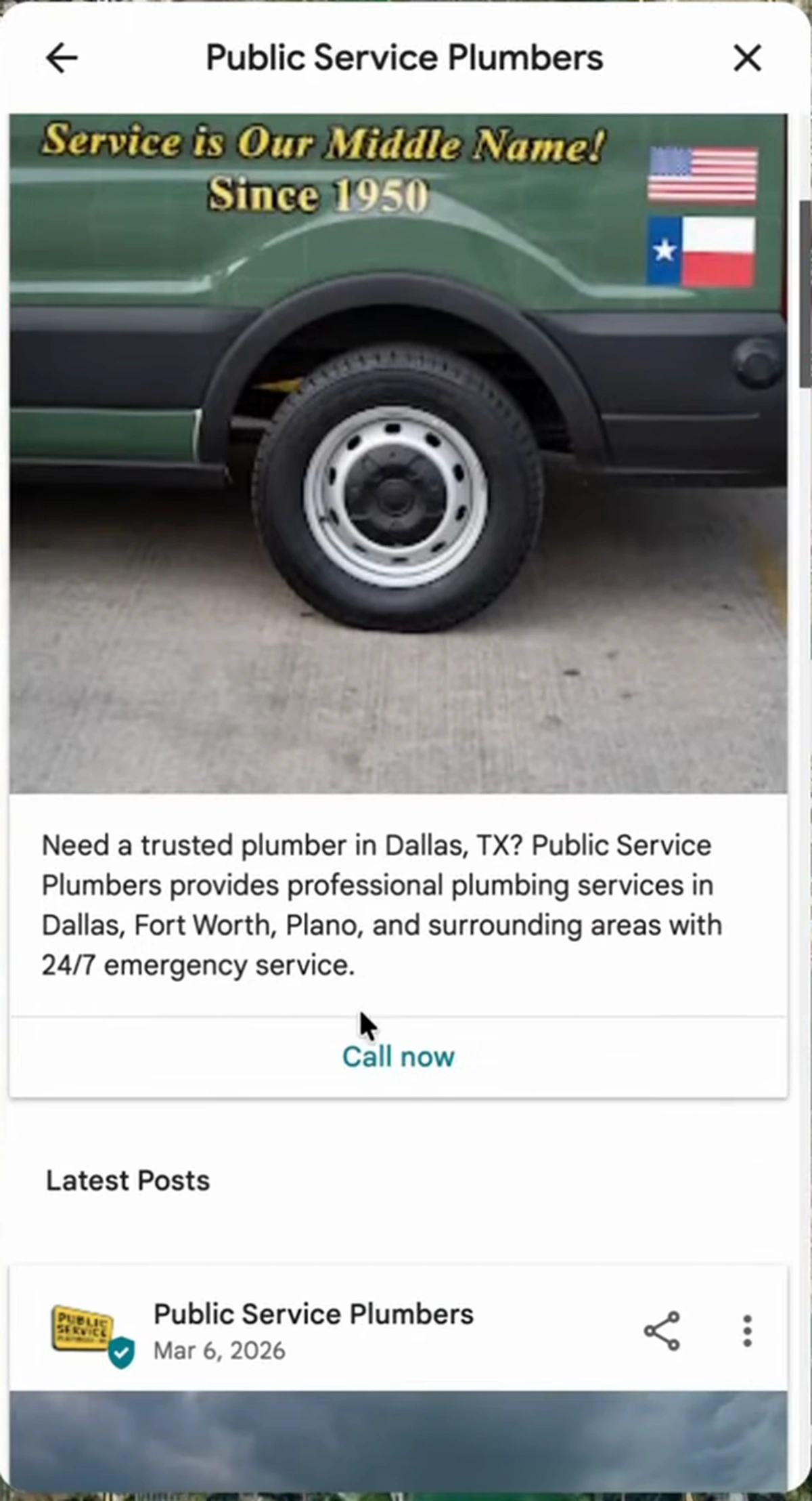 A Google Business Profile owner post from the top Dallas plumber with a branded truck photo, service description, and Call now button
