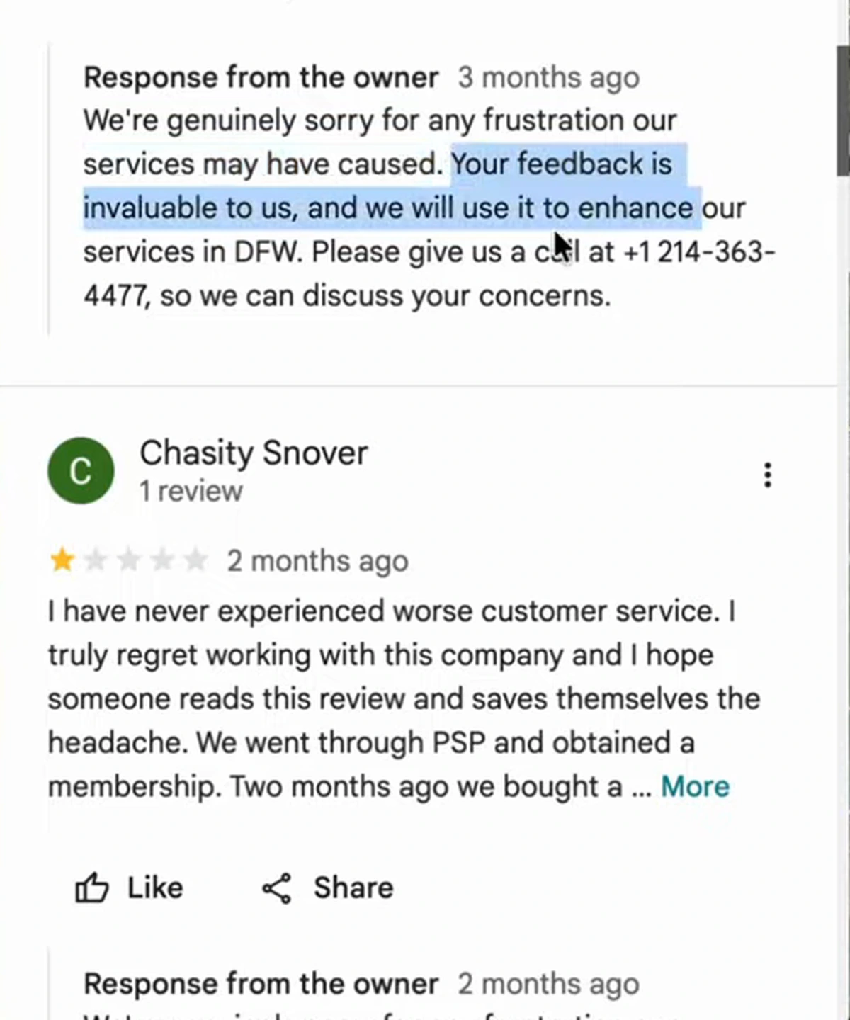 A one-star Google review of the Dallas plumber with an owner response apologizing and inviting the customer to call and discuss
