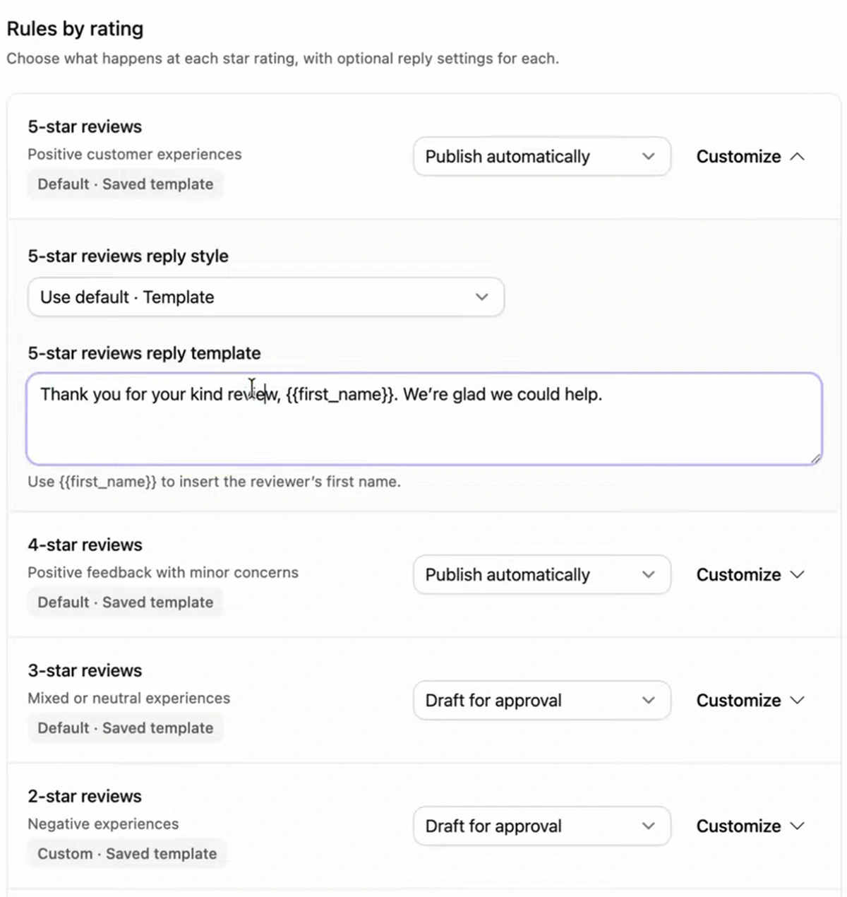Arvow review automation rules by rating showing 5-star reviews publishing automatically with a template and lower ratings set to draft for approval