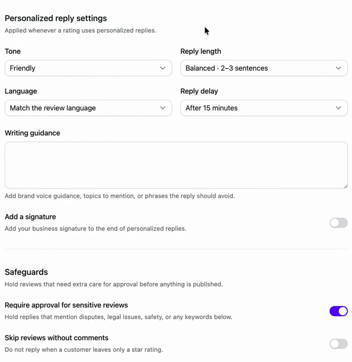 Arvow personalized reply settings with tone, reply length, language matching, reply delay, and safeguards that hold sensitive reviews for approval