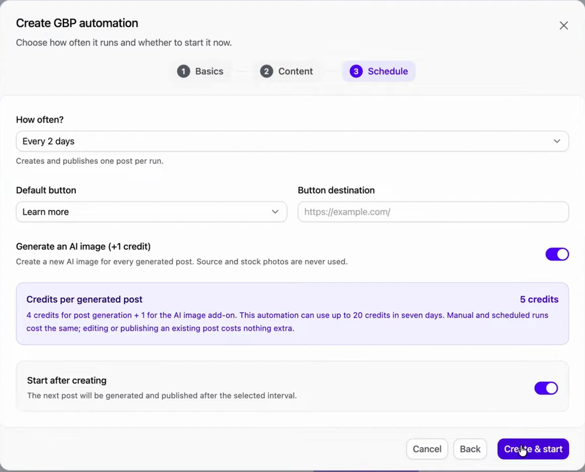 Arvow GBP post automation schedule step set to publish every 2 days with a Learn more default button and AI image generation enabled