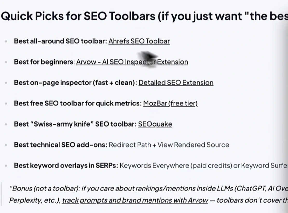 The Quick Picks section of Arvow's SEO toolbar roundup, recommending Ahrefs SEO Toolbar as best all-around and Arvow's AI SEO Inspector for beginners