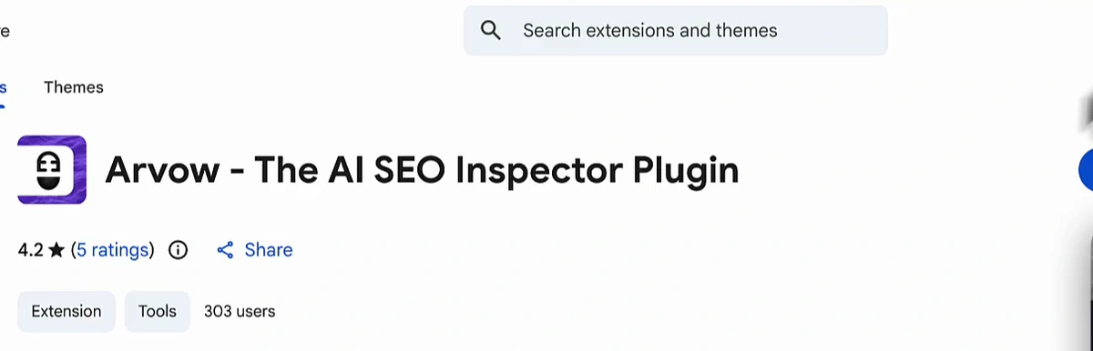 Chrome Web Store listing for Arvow – The AI SEO Inspector Plugin, showing a 4.2 star rating from 5 ratings and 303 users