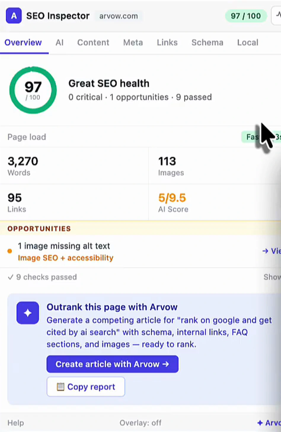 The Arvow SEO Inspector extension panel open on a page, showing a 97/100 score, page stats, one opportunity, and an 'Outrank this page with Arvow' call to action