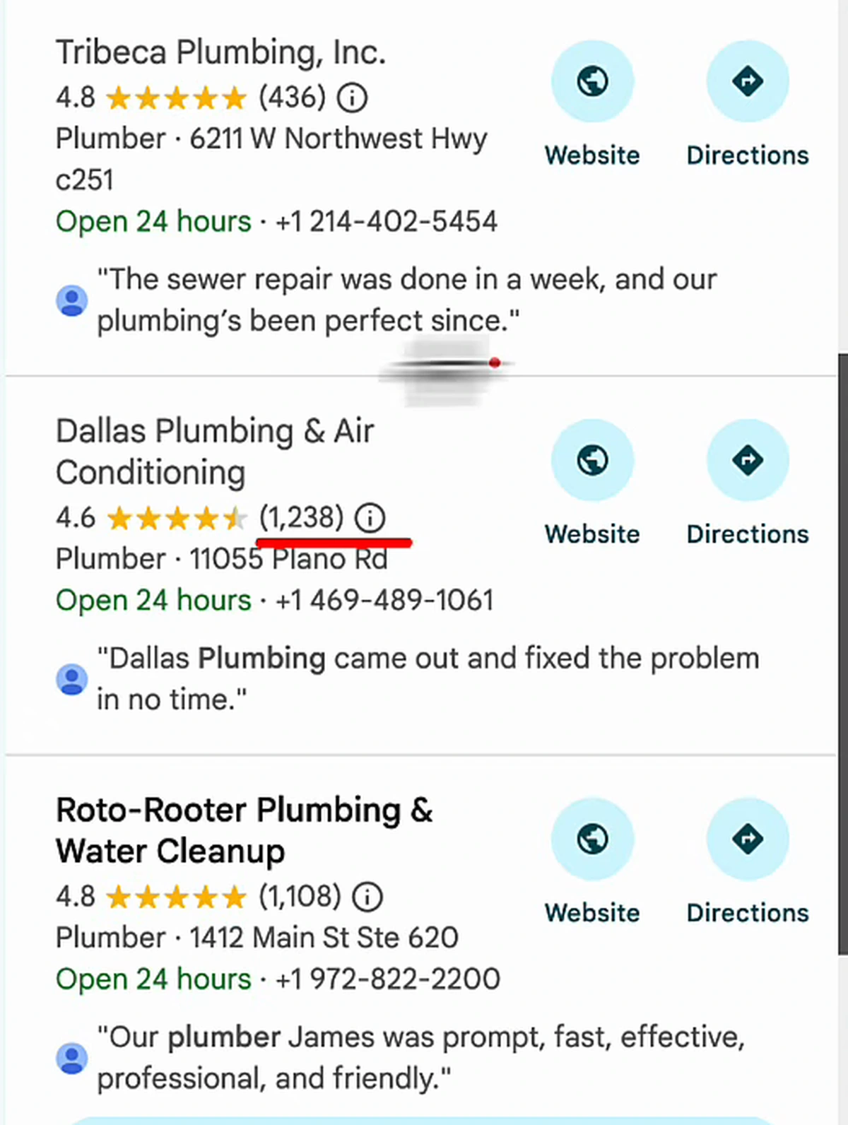 Google Maps results for plumber dallas showing Tribeca Plumbing with 436 reviews ranked above Dallas Plumbing with 1,238 reviews