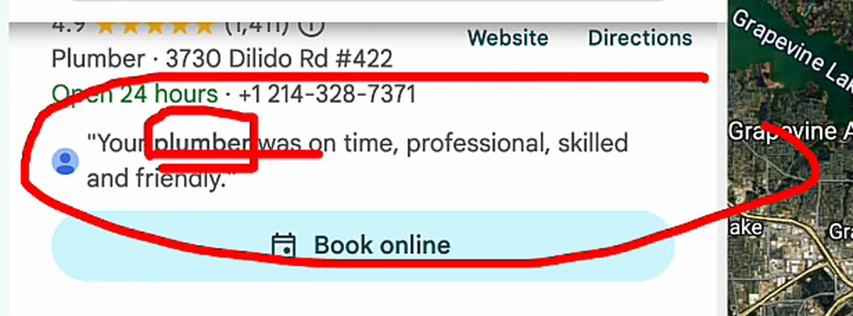 A Google Maps listing showing a customer review quote with the word plumber bolded, circled in red annotation