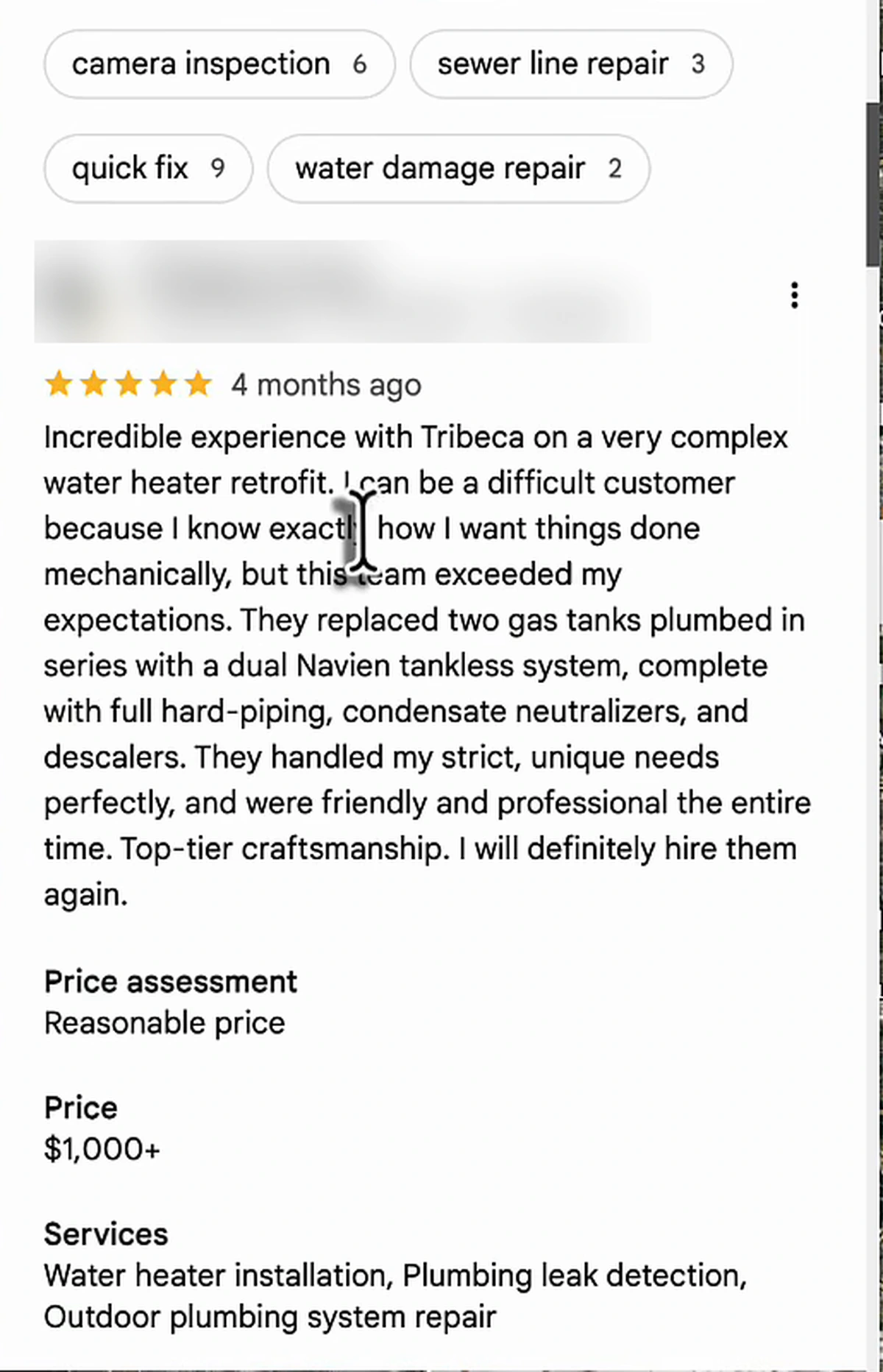 Google Maps review tab showing keyword filter chips for camera inspection, sewer line repair, quick fix and water damage repair, plus a price assessment of reasonable price, a price of $1,000+, and a services list derived from review text