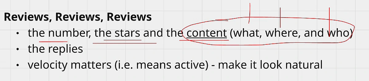 Whiteboard notes reading: the number, the stars and the content (what, where, and who); the replies; velocity matters (i.e. means active) - make it look natural