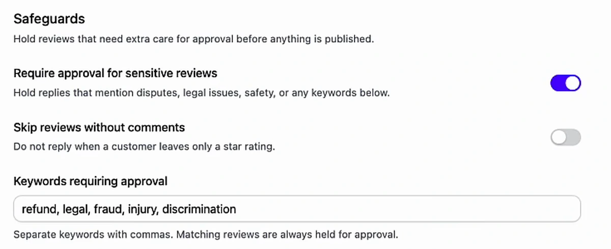 Review automation safeguards showing require approval for sensitive reviews enabled and a keyword list of refund, legal, fraud, injury, discrimination