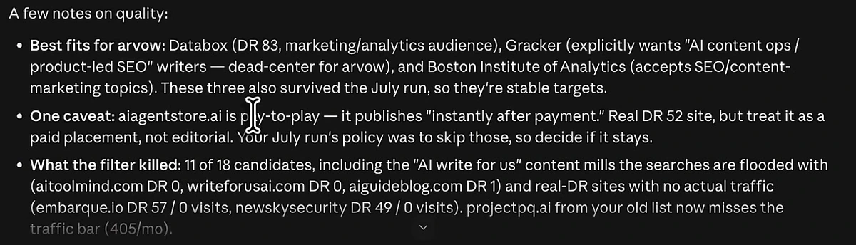 Claude Code quality notes explaining best fits, a pay-to-play caveat, and the eleven of eighteen candidate domains the filter rejected