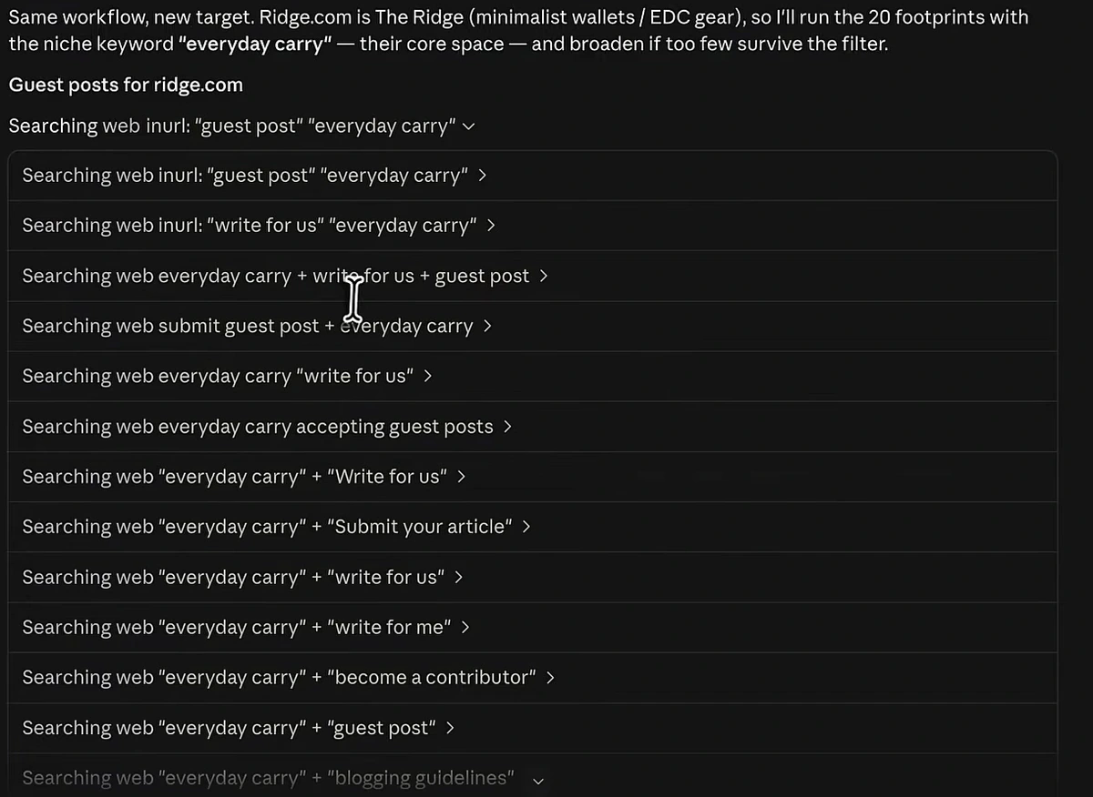 Claude Code running twenty parallel guest post footprint searches for the keyword everyday carry
