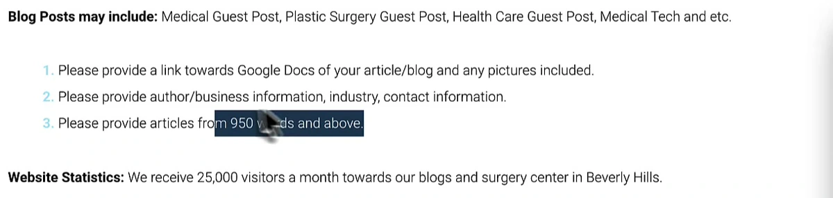 A plastic surgery clinic write for us page listing submission requirements and claiming 25,000 visitors a month