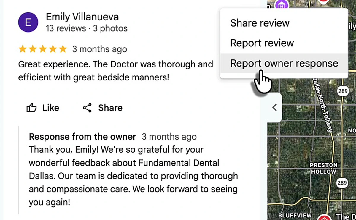 Google Maps review menu showing three options: Share review, Report review, and Report owner response