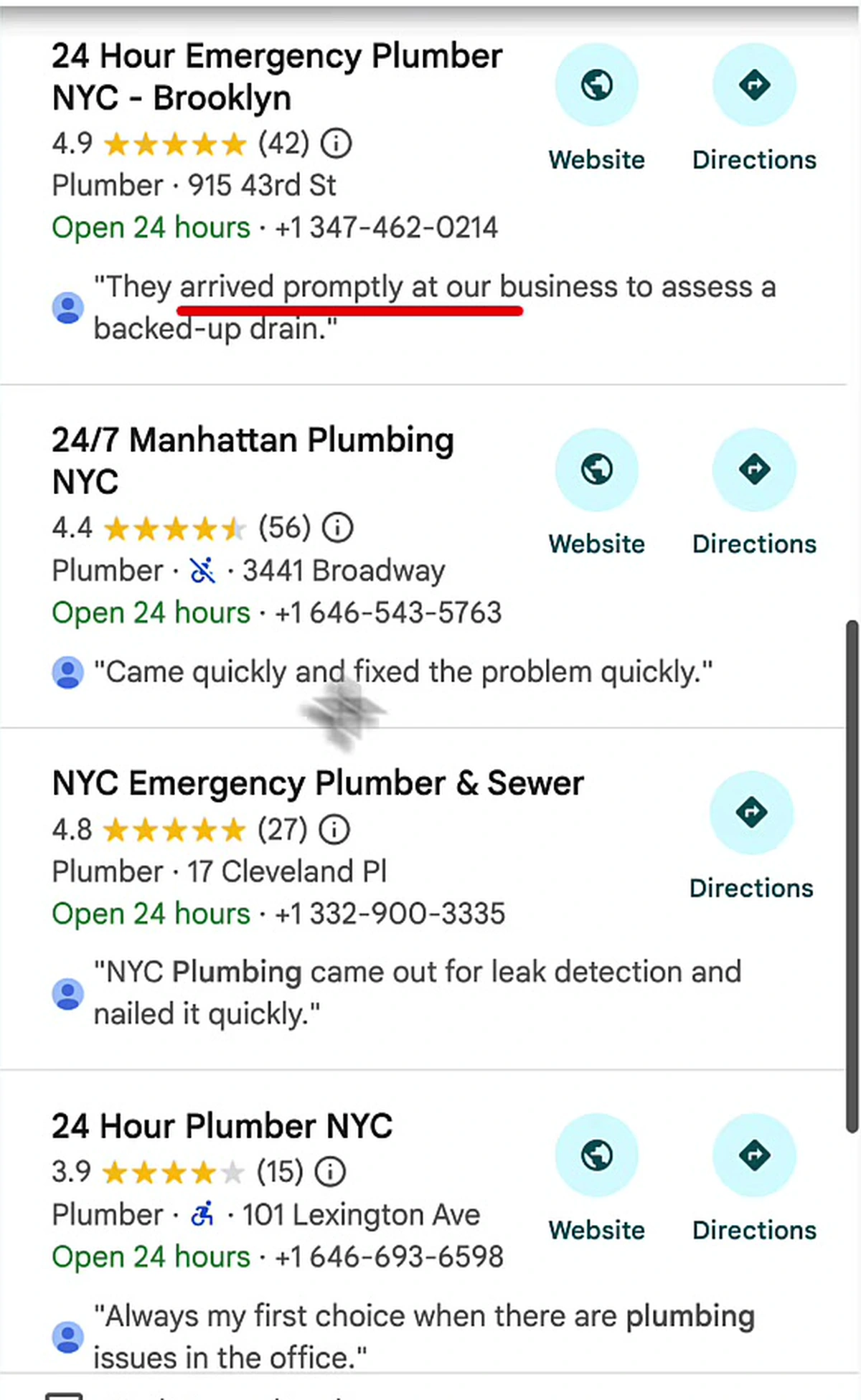 Google Maps results for emergency plumber nyc with review snippets pulled under each listing and query words bolded