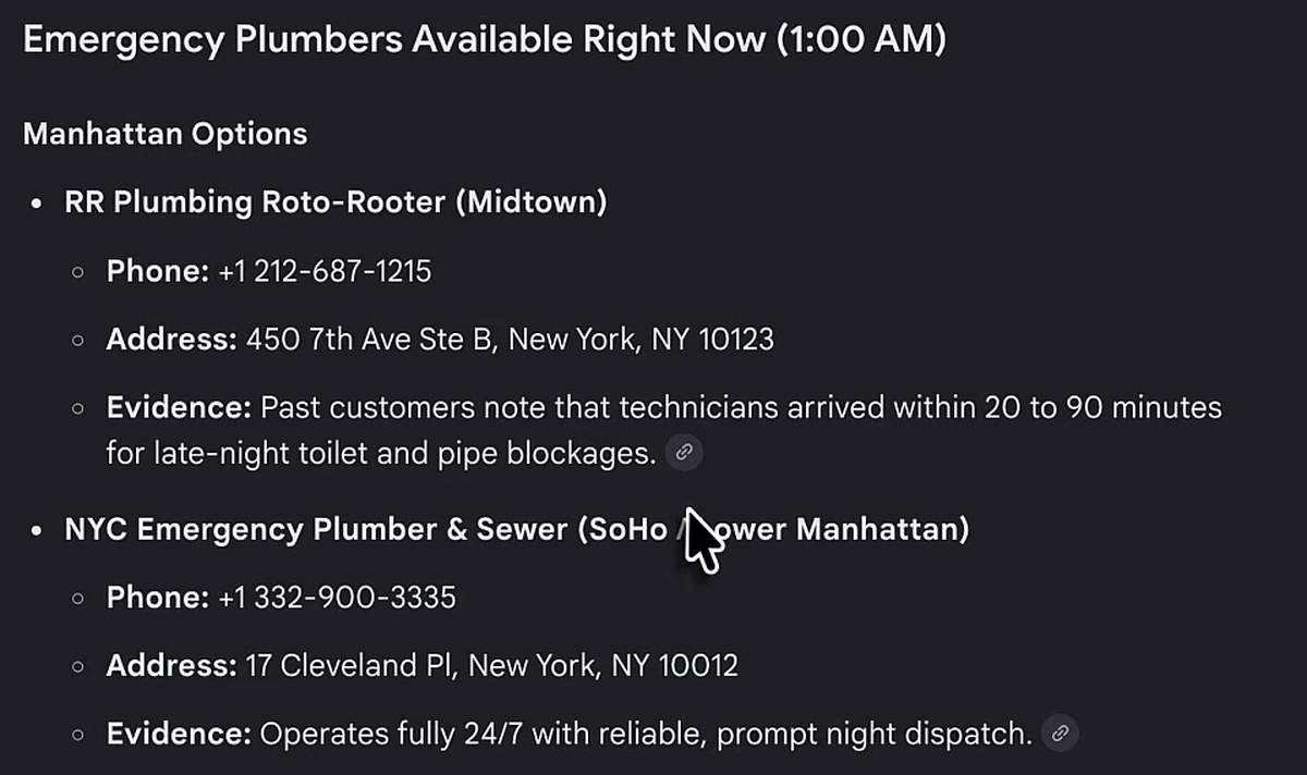 Google AI Mode answer listing emergency plumbers with an Evidence line under each, citing customer reports of arrival times and 24/7 dispatch