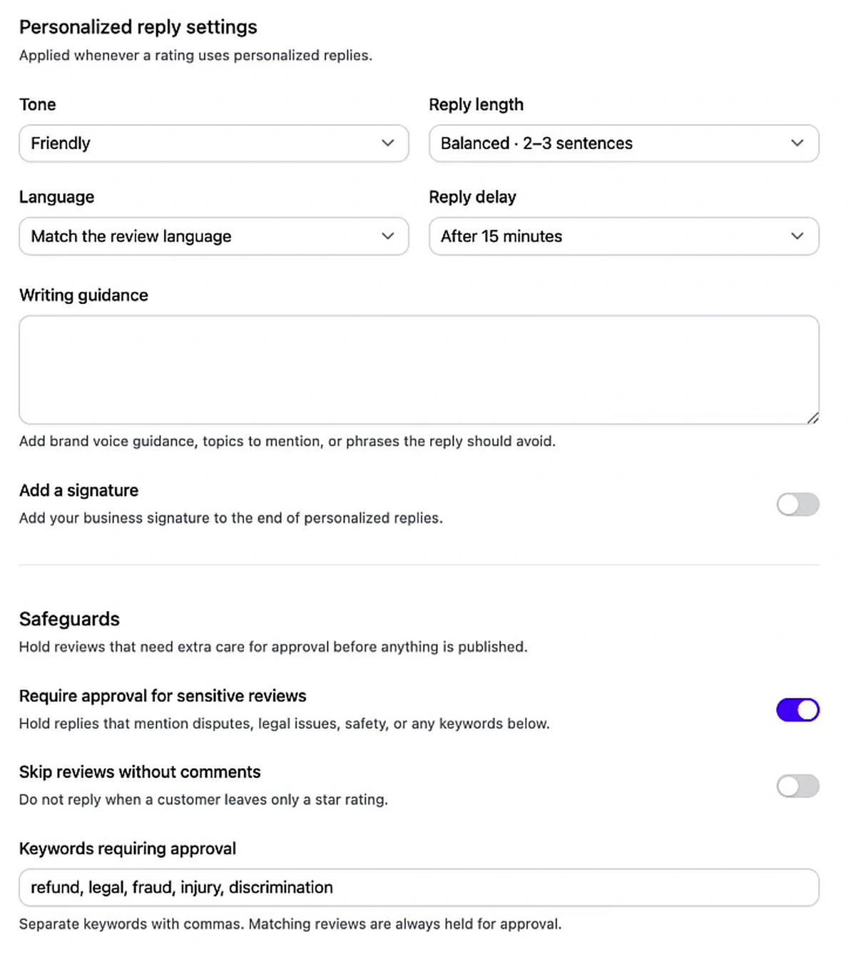 Arvow personalised reply settings showing tone, reply length, language and delay, plus safeguards requiring approval for sensitive reviews and a keyword list