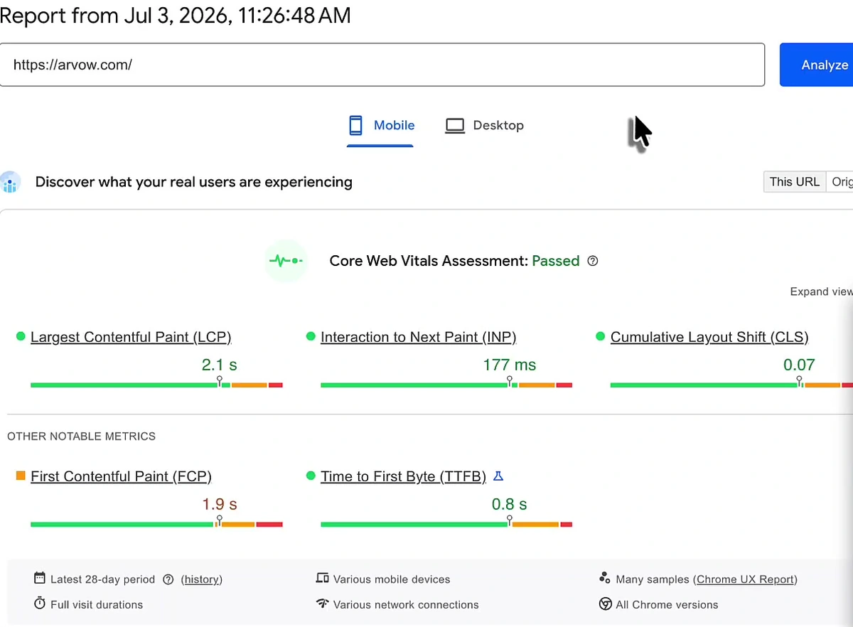 PageSpeed Insights report showing Core Web Vitals Assessment passed with LCP 2.1 seconds, INP 177 milliseconds and CLS 0.07