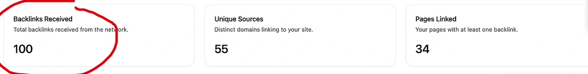 Automatic backlinks panel showing 100 backlinks received from 55 unique sources across 34 linked pages