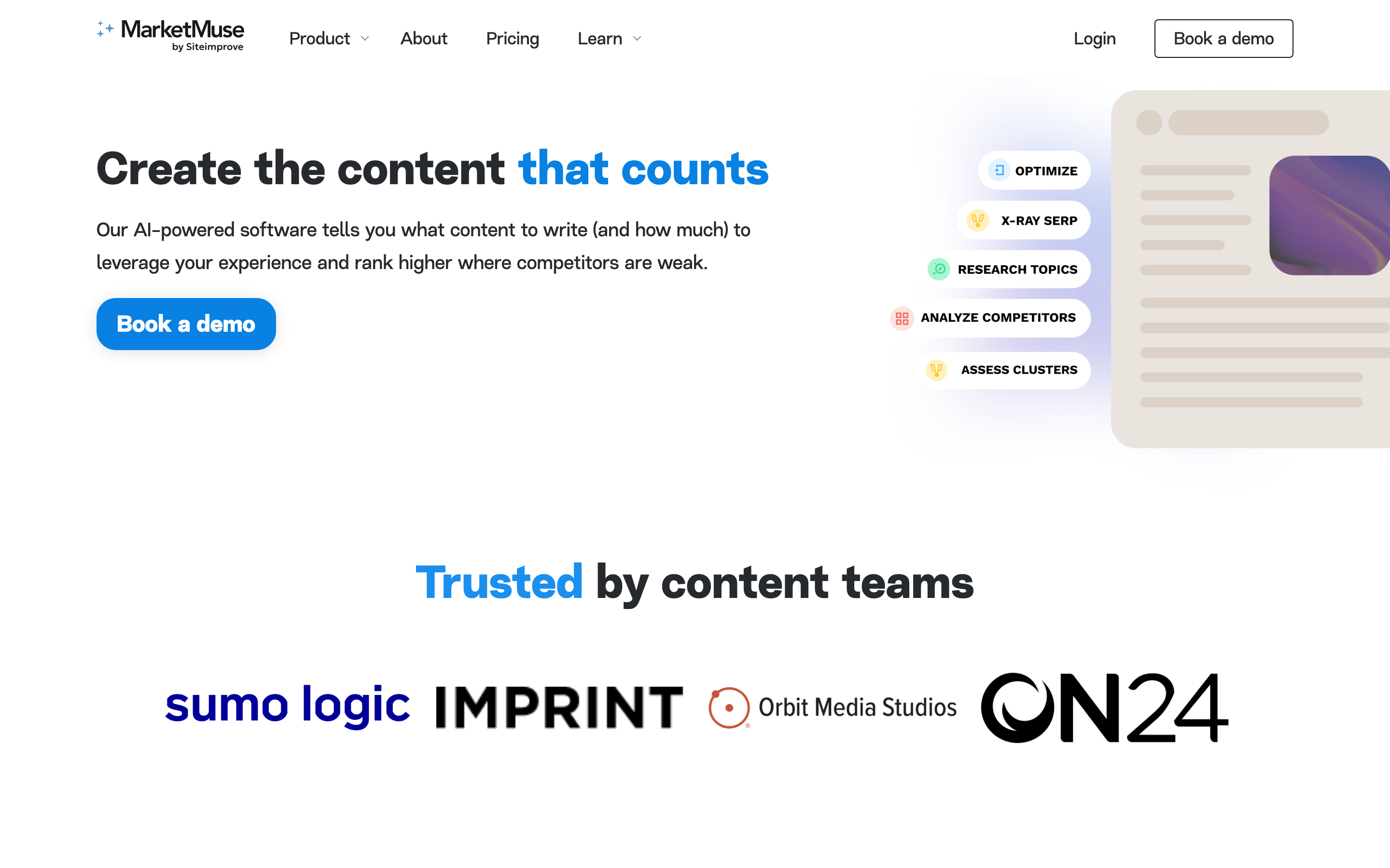 MarketMuse homepage showing the Topic Navigator interface and hub-and-spoke topic clustering
