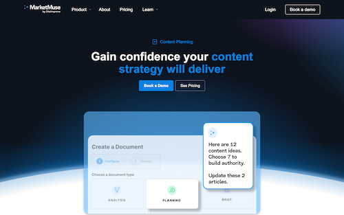 MarketMuse product page showing the Content Brief interface and writer assignment workflow
