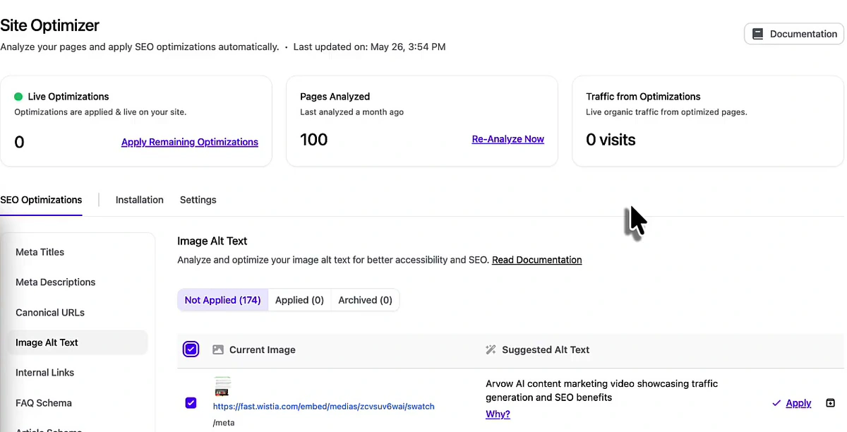 Arvow Site Optimizer dashboard showing 100 pages analyzed and an Image Alt Text panel with tabs reading Not Applied 174, Applied 0, Archived 0, above a table with Current Image and Suggested Alt Text columns