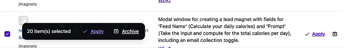 A selection toolbar reading 20 item(s) selected with Apply and Archive buttons, overlaying a table of suggested image alt text