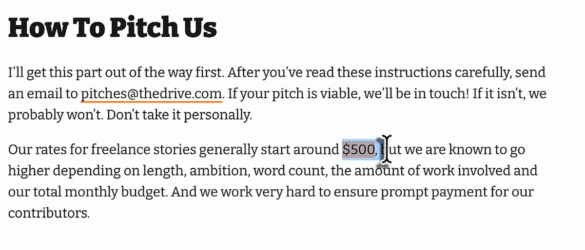 The Drive's How To Pitch Us section stating rates for freelance stories generally start around $500 and referencing prompt payment for contributors