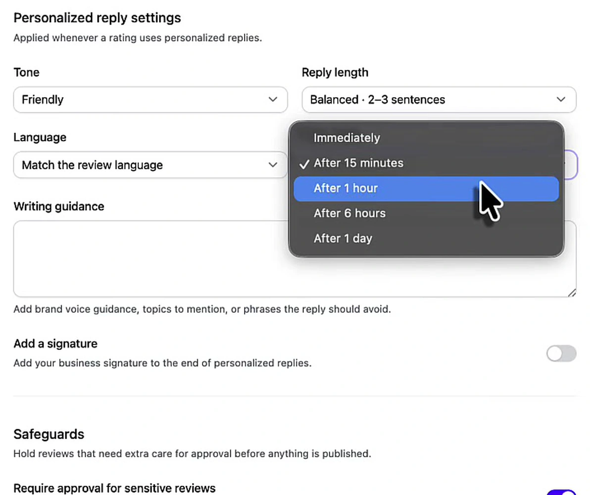 Personalized reply settings showing tone, language matching, reply length, an open reply delay dropdown with options from immediately to after one day, a writing guidance box, and safeguards