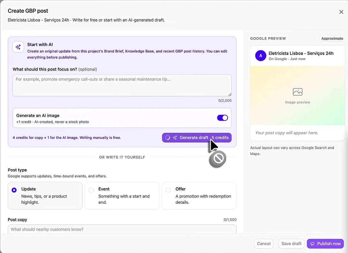 Create GBP post modal with a start-with-AI panel, an AI image toggle, post type options for update, event and offer, and a Google preview pane on the right