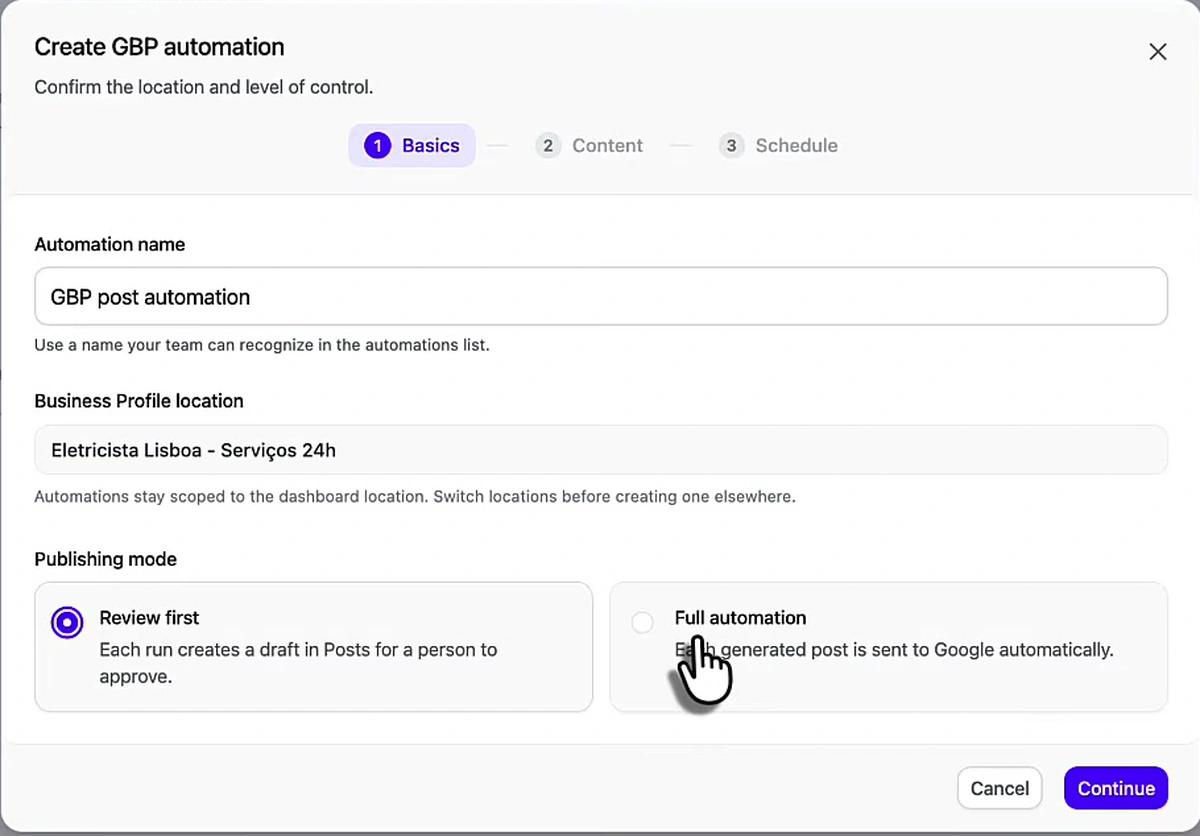 Create GBP automation modal showing a three-step wizard, an automation name field, a business profile location field, and a publishing mode choice between review first and full automation