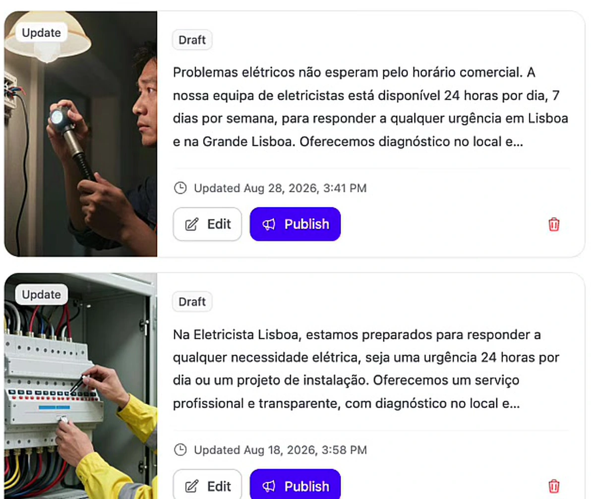 Two draft Google Business Profile post cards, each with a generated image, Portuguese post copy about 24-hour electrical services, an update label, and Edit and Publish buttons