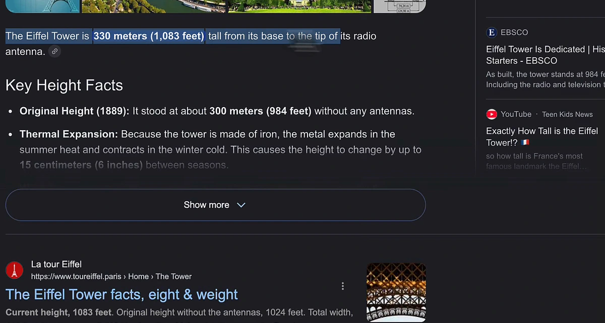 A Google AI Overview answering how tall the Eiffel Tower is, with source cards from EBSCO and YouTube on the right and an organic result from toureiffel.paris below