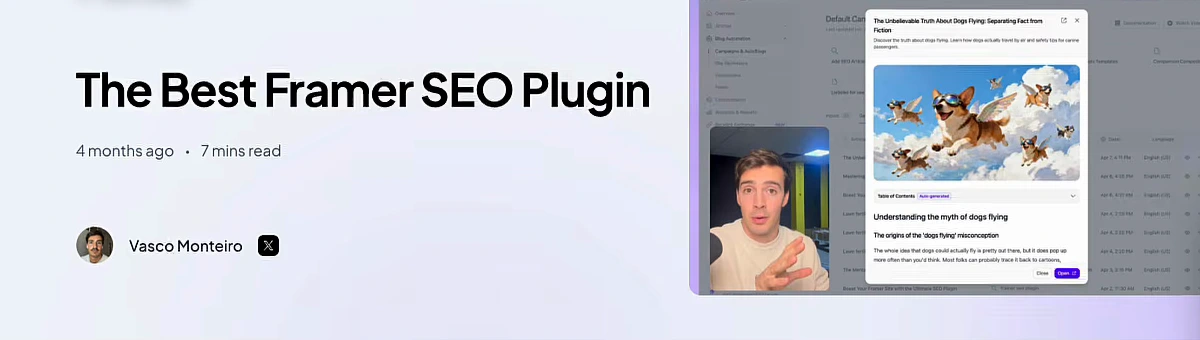 The Best Framer SEO Plugin article header on arvow.com, showing it was published four months ago with a seven-minute read time