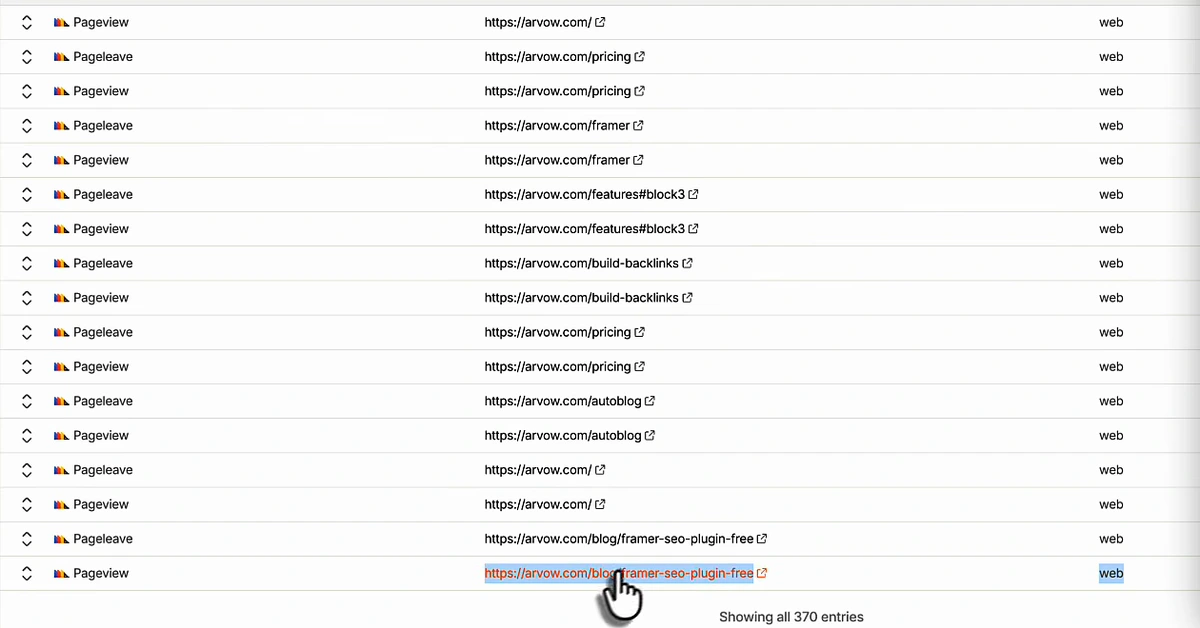 Product analytics event timeline showing page views moving from the Framer SEO plugin blog post to the homepage, autoblog, pricing, build-backlinks, features and framer pages, with pricing visited twice