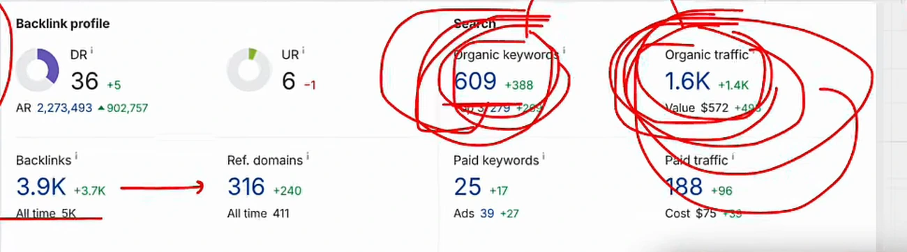 Ahrefs backlink profile and search metrics showing DR 36, 316 referring domains, 609 organic keywords and 1.6K organic traffic