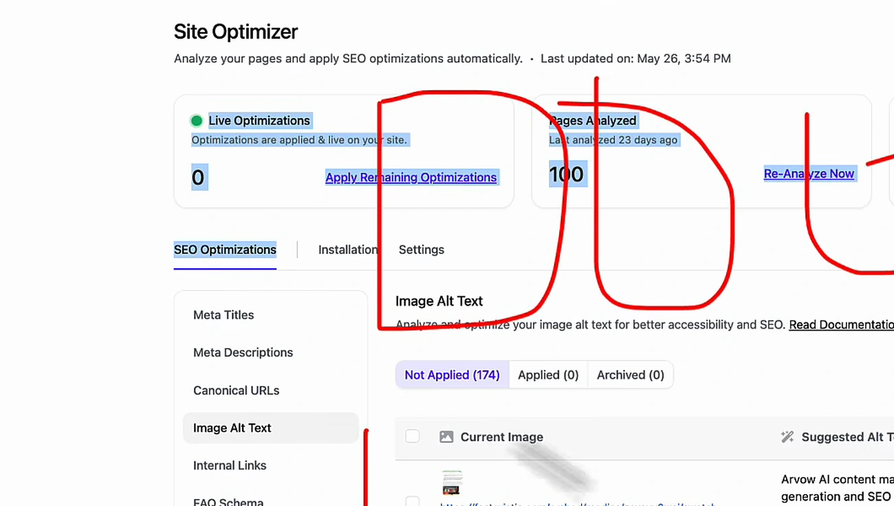 Site Optimizer dashboard showing 100 pages analyzed, zero live optimizations, and 174 image alt texts not yet applied