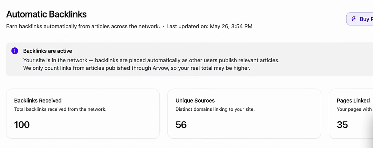 Automatic Backlinks panel showing 100 backlinks received from 56 unique sources across 35 linked pages