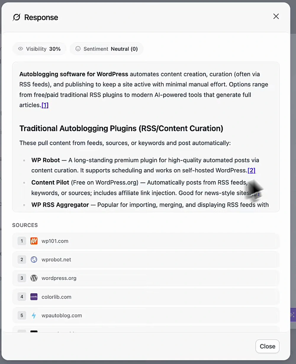 Captured LLM response to an autoblogging software prompt, naming three competing plugins and listing the five sources it cited