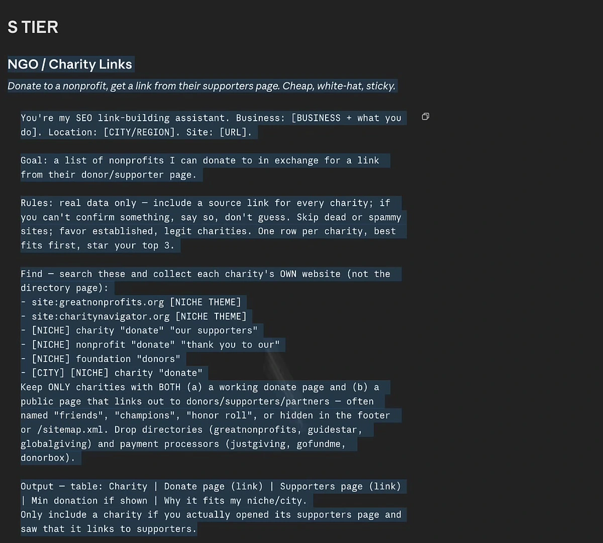 The NGO and charity links Claude Code skill, showing the role line, goal, rules, search operators and required output table format