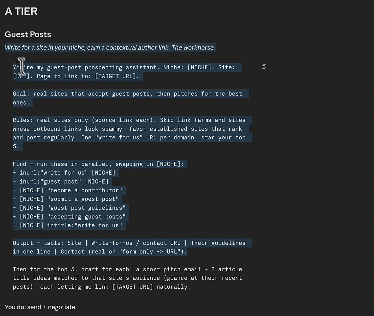 The guest posts Claude Code skill showing role, goal, rules, parallel search operators and the required output table plus pitch drafting step