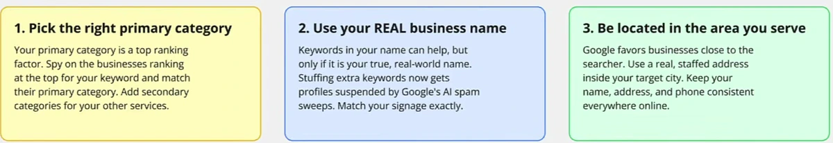 Board notes for tips one to three: pick the right primary category, use your real business name, be located in the area you serve